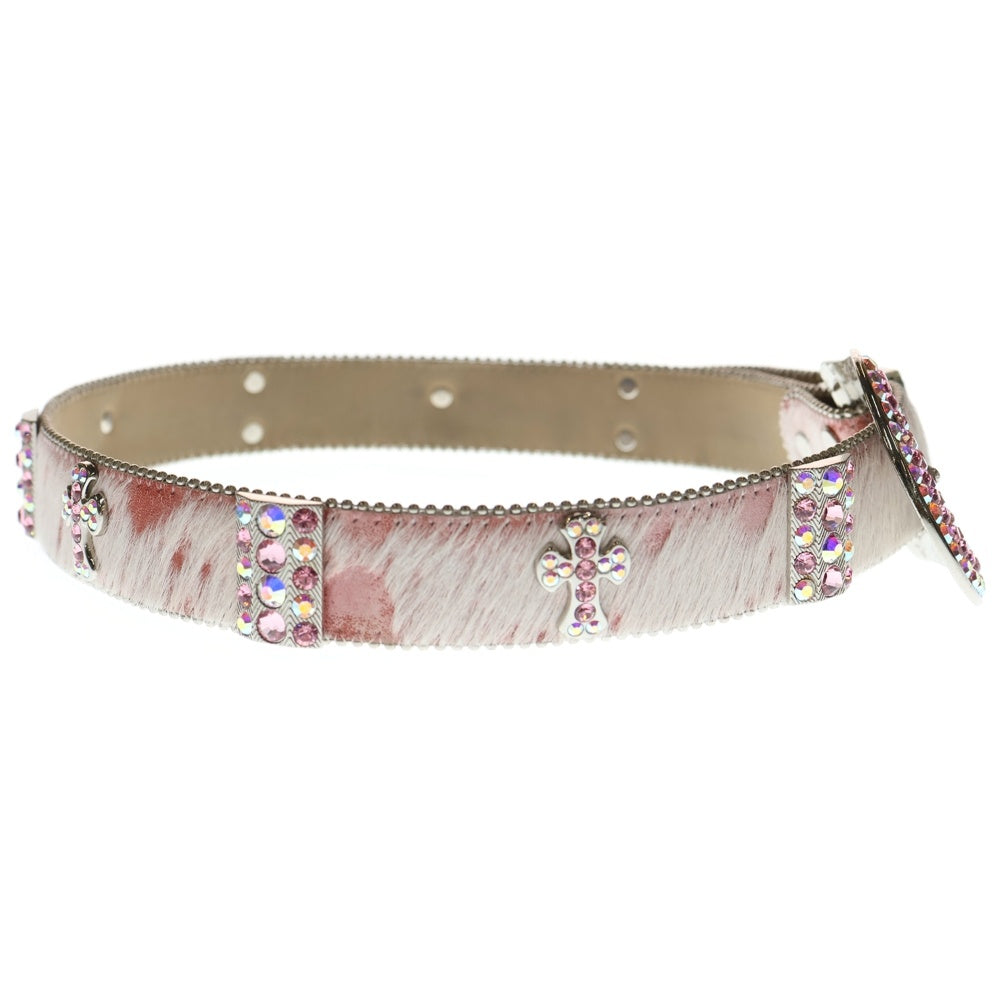 NO BRAND(ノーブランド) b.b.simon(ビービーサイモン)PINK PONY HAIR LEATHER BELT WITH SWAROVSKI CRYSTAL ピンクポニーヘアー スワロフスキークリスタル レザーベルト ピンク レディース