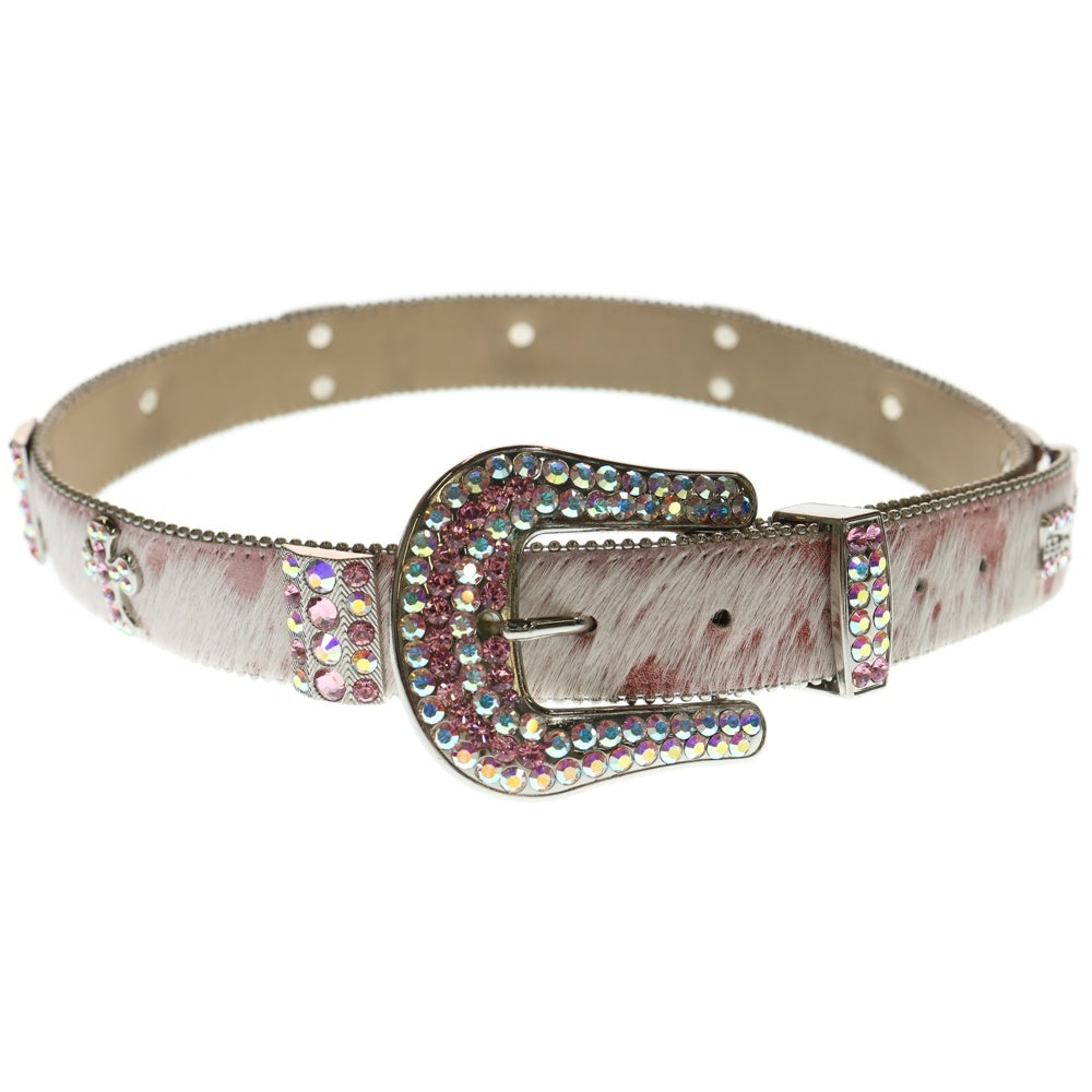 NO BRAND(ノーブランド) b.b.simon(ビービーサイモン)PINK PONY HAIR LEATHER BELT WITH SWAROVSKI CRYSTAL ピンクポニーヘアー スワロフスキークリスタル レザーベルト ピンク レディース