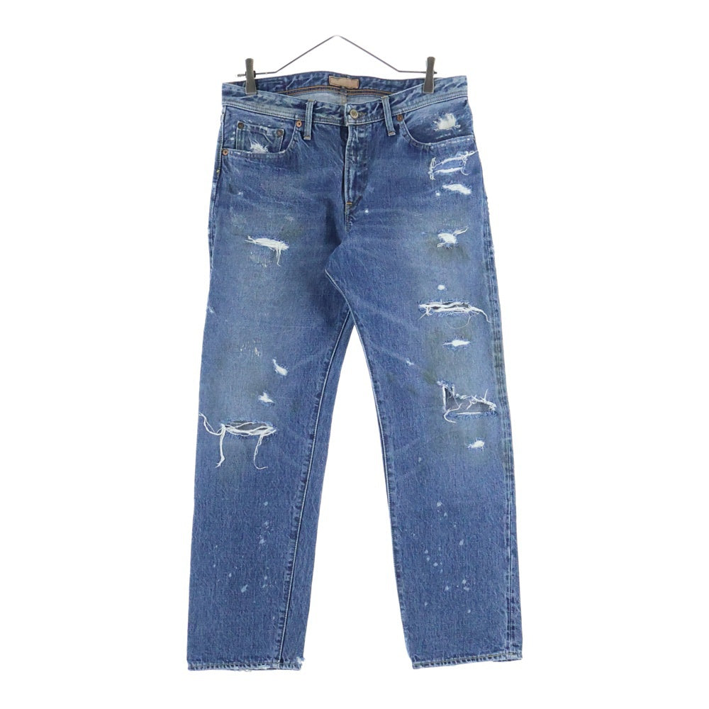 NO BRAND(ノーブランド) 【barber & the shirts バーバーアンドザシャツ】リペア ダメージ クラッシュ加工 ストレートデニムパンツ ジーンズ インディゴ