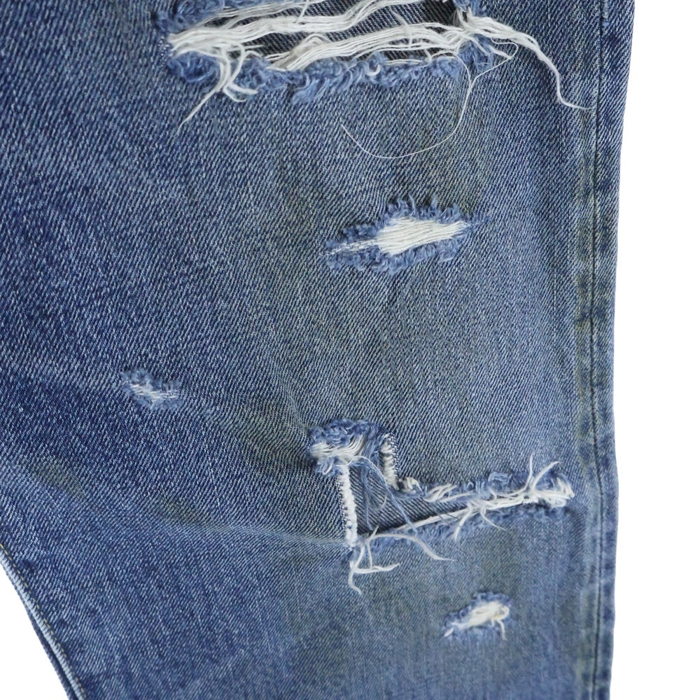 NO BRAND(ノーブランド) 【barber & the shirts バーバーアンドザシャツ】リペア ダメージ クラッシュ加工 ストレートデニムパンツ ジーンズ インディゴ