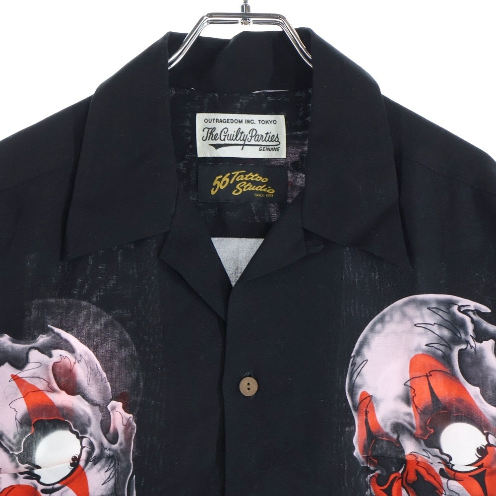 WACKO MARIA(ワコマリア) 22SS ×56 TATTOO STUDIO PIERROT SCULL S/S HAWAIIAN SHIRT 56タトゥースタジオ ピエロスカル オープンカラー ハワイアン 半袖シャツ ブラック