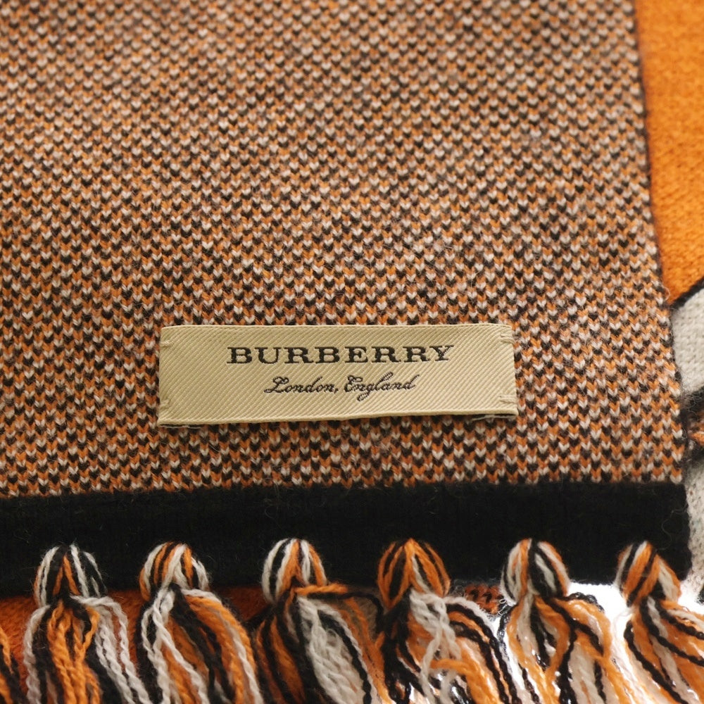 BURBERRY(バーバリー) カシミヤニット フリンジ フットボールマフラー オレンジ/ブラック