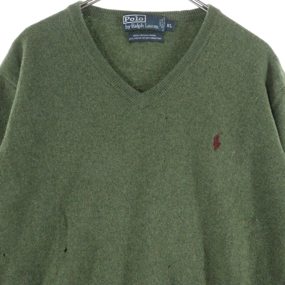 POLO RALPH LAUREN(ポロラルフローレン) スモールポニー エンブロイダリー Vネック メリノウール ニットセーター グリーン