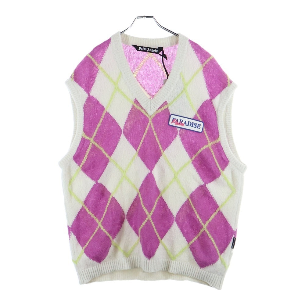 Palm Angels(パームエンジェルス) 23SS Logo Brushed Argyle Knit Vest ロゴパッチ アーガイル柄 ニットベスト ホワイト/パープル PMHZ002S23KNI001