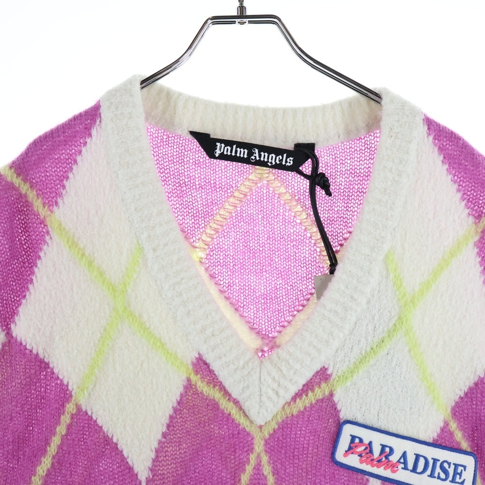 Palm Angels(パームエンジェルス) 23SS Logo Brushed Argyle Knit Vest ロゴパッチ アーガイル柄 ニットベスト ホワイト/パープル PMHZ002S23KNI001