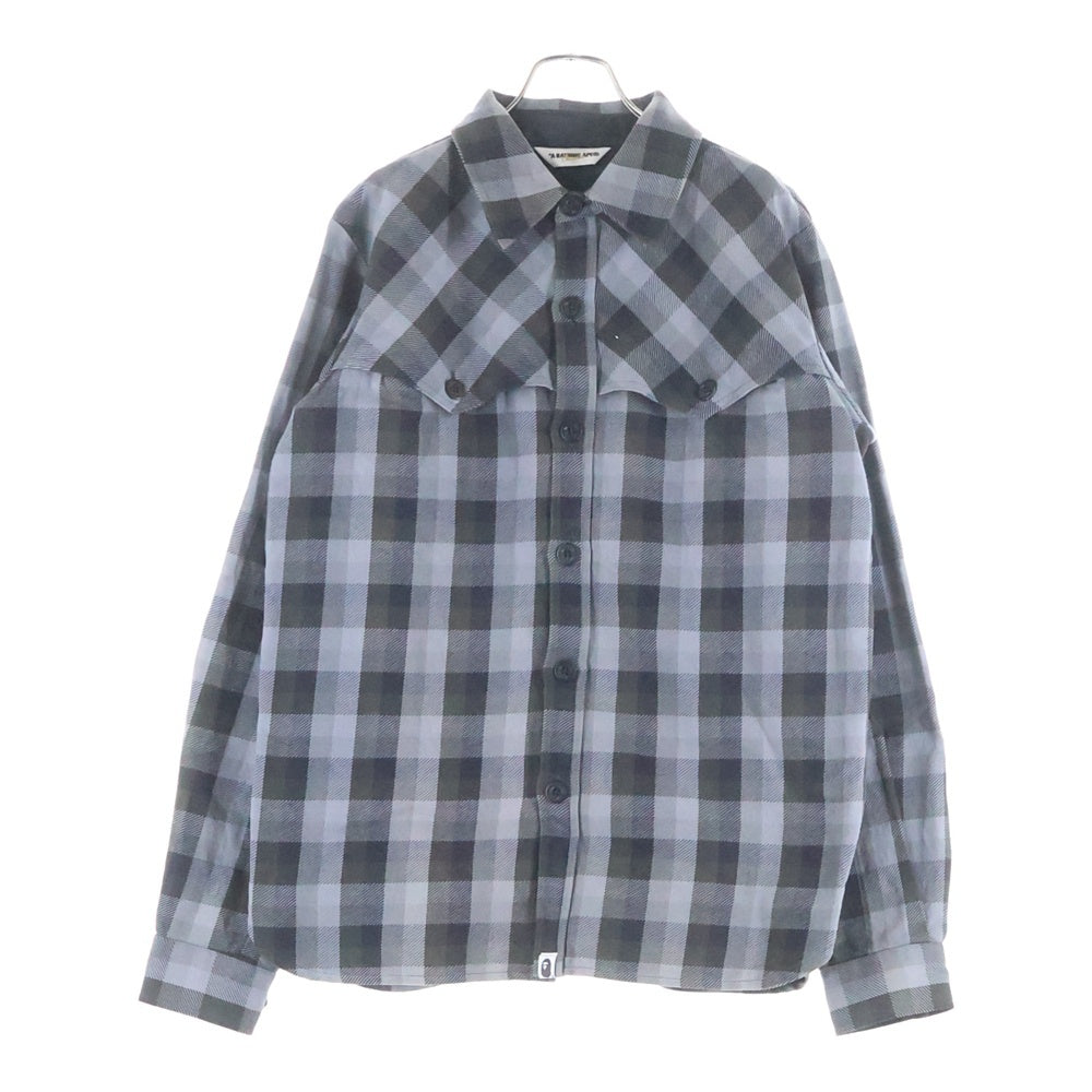 A BATHING APE(アベイシングエイプ) エルボーパッチ ウエスタン チェック ネルシャツ 長袖シャツ ブラック/グレー