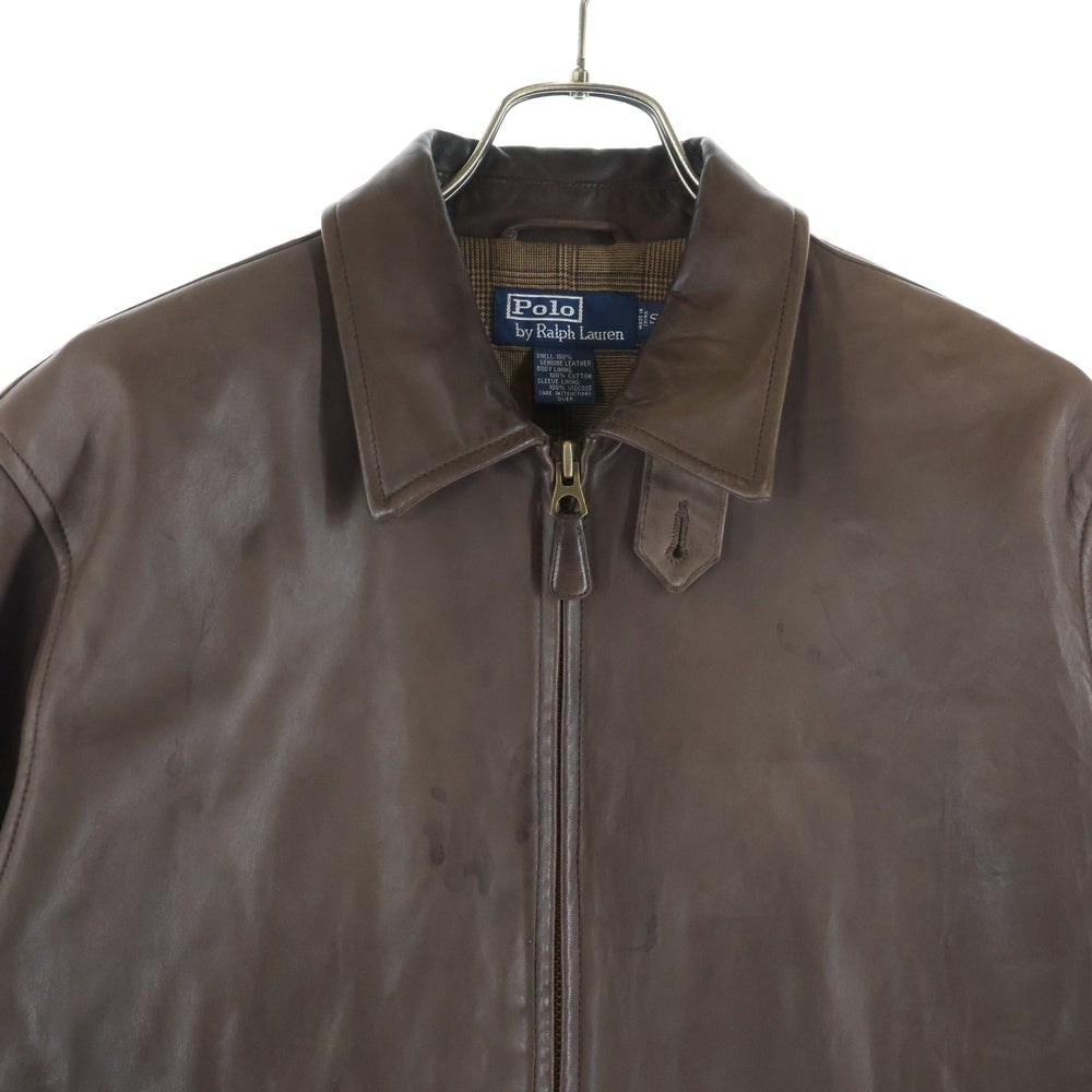 POLO RALPH LAUREN(ポロラルフローレン) 90s GENUINE LEATHER JACKET ポニー無 裏地チェック スウィングトップ レザージャケット ブルゾン ブラウン
