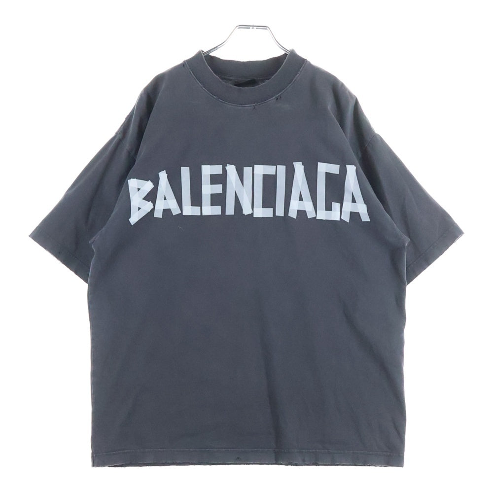 BALENCIAGA(バレンシアガ) 23SS Tape Type Medium Fit Tee テープタイプロゴプリントミディアムフィット ダメージ加工半袖Tシャツ ブラック 764235 TRVK1