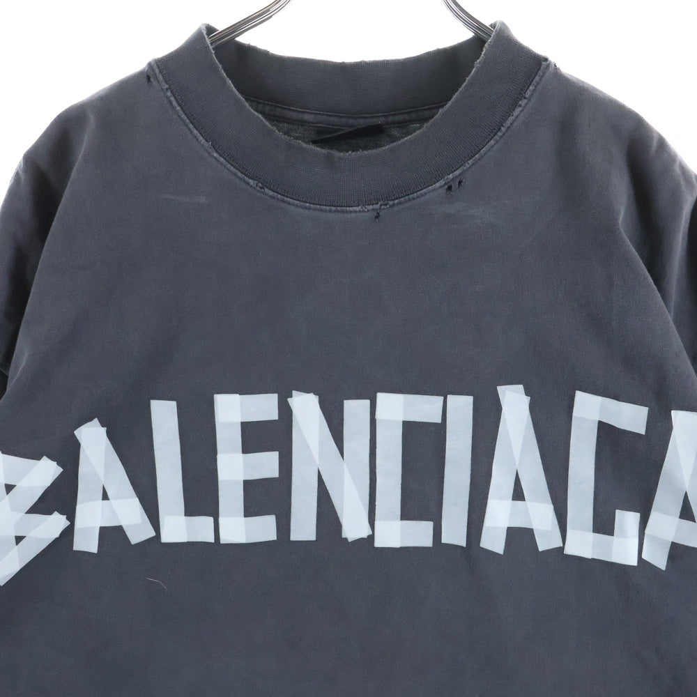 BALENCIAGA(バレンシアガ) 23SS Tape Type Medium Fit Tee テープタイプロゴプリントミディアムフィット ダメージ加工半袖Tシャツ ブラック 764235 TRVK1