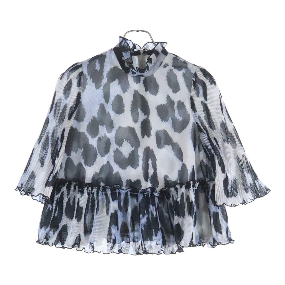 GANNI(ガニー) アニマル柄 コットンフリル チュニック ブラウス ピンタックトップス 長袖シャツ カットソー ブルー/ブラック レディース