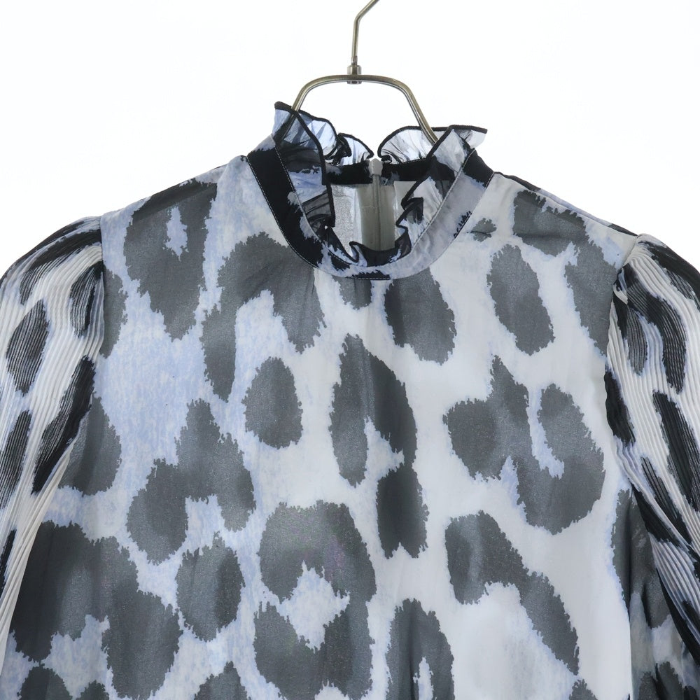 GANNI(ガニー) アニマル柄 コットンフリル チュニック ブラウス ピンタックトップス 長袖シャツ カットソー ブルー/ブラック レディース