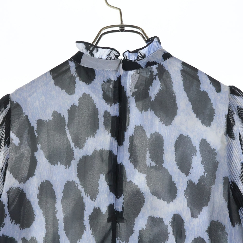 GANNI(ガニー) アニマル柄 コットンフリル チュニック ブラウス ピンタックトップス 長袖シャツ カットソー ブルー/ブラック レディース