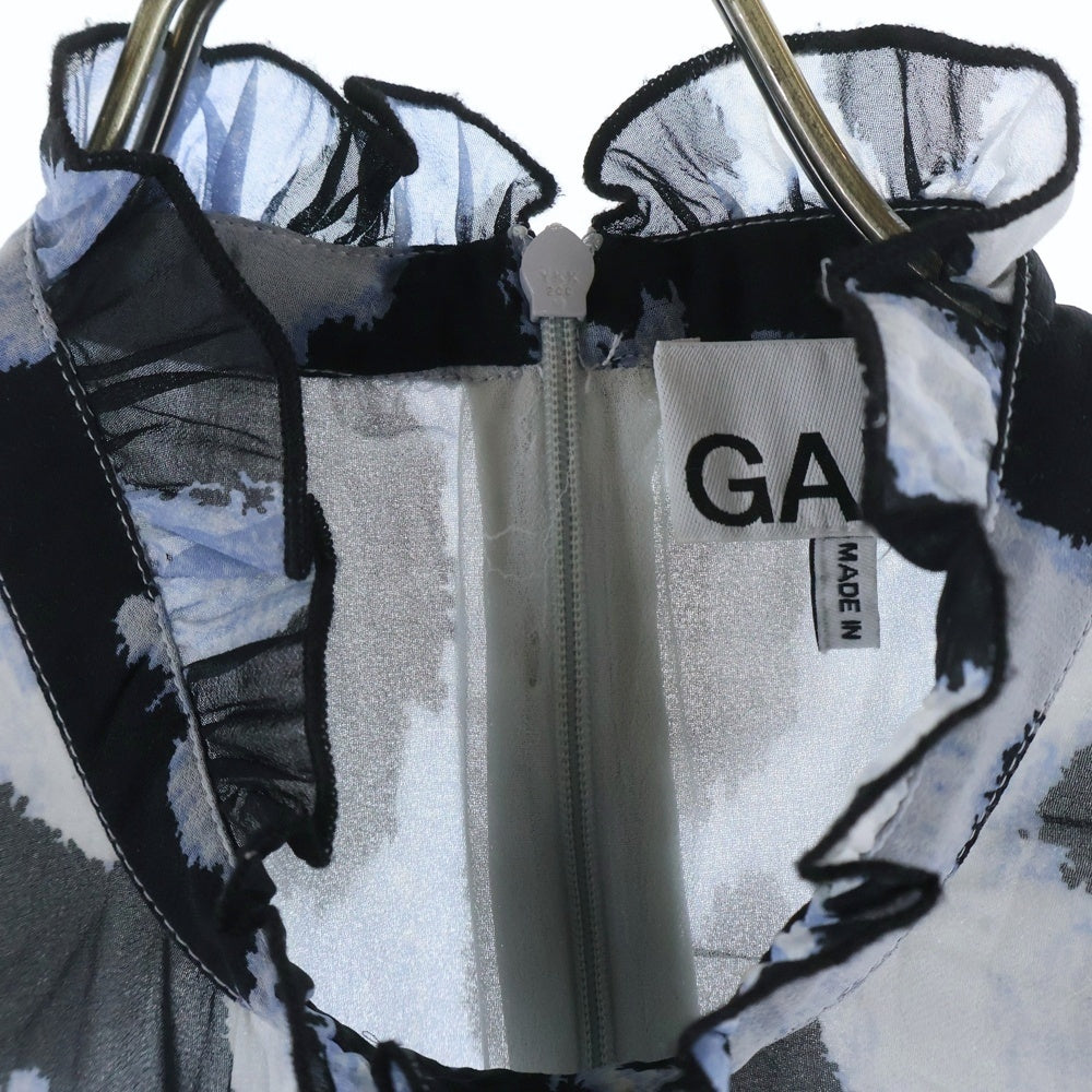 GANNI(ガニー) アニマル柄 コットンフリル チュニック ブラウス ピンタックトップス 長袖シャツ カットソー ブルー/ブラック レディース