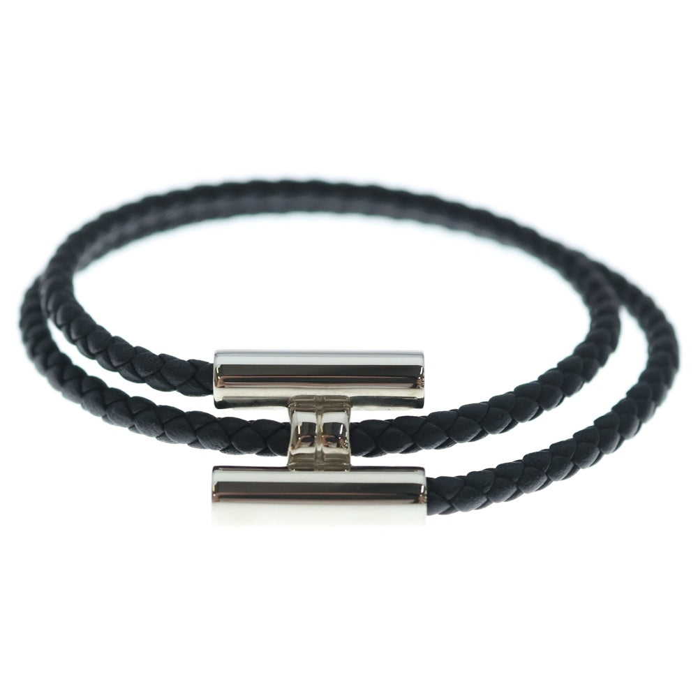 HERMES(エルメス) トゥルニス トレッセ Hロゴ ノワール レザー ブレスレット ブラック/シルバー