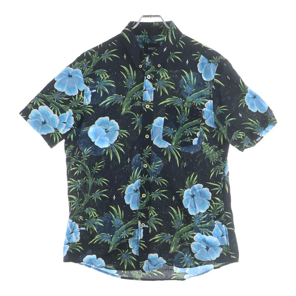 HUF(ハフ) ハイビスカス総柄 半袖 コットン アロハシャツ ブラック