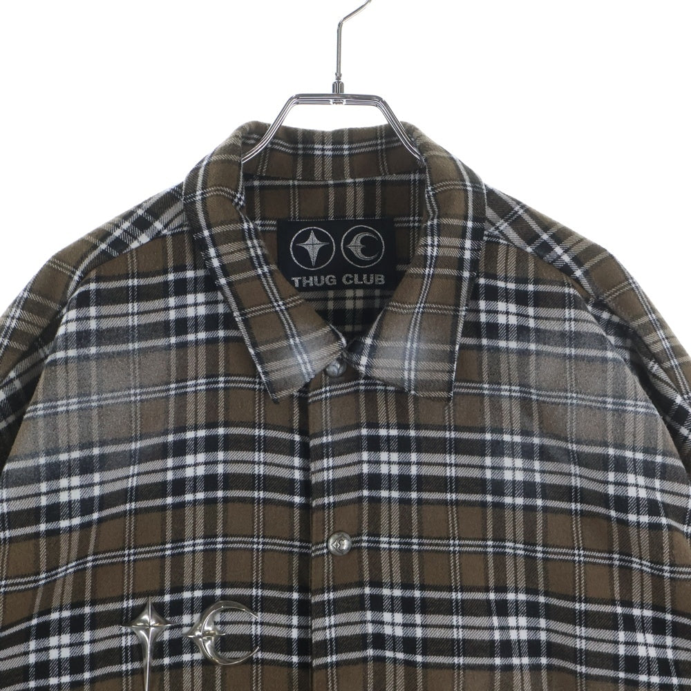 THUG CLUB(サグクラブ) 24AW ARAB SWORD FLANNEL CHECK SHIRT アラブ ソード刺繍 フランネル チェック 長袖シャツ ブラウン TC24SH2002