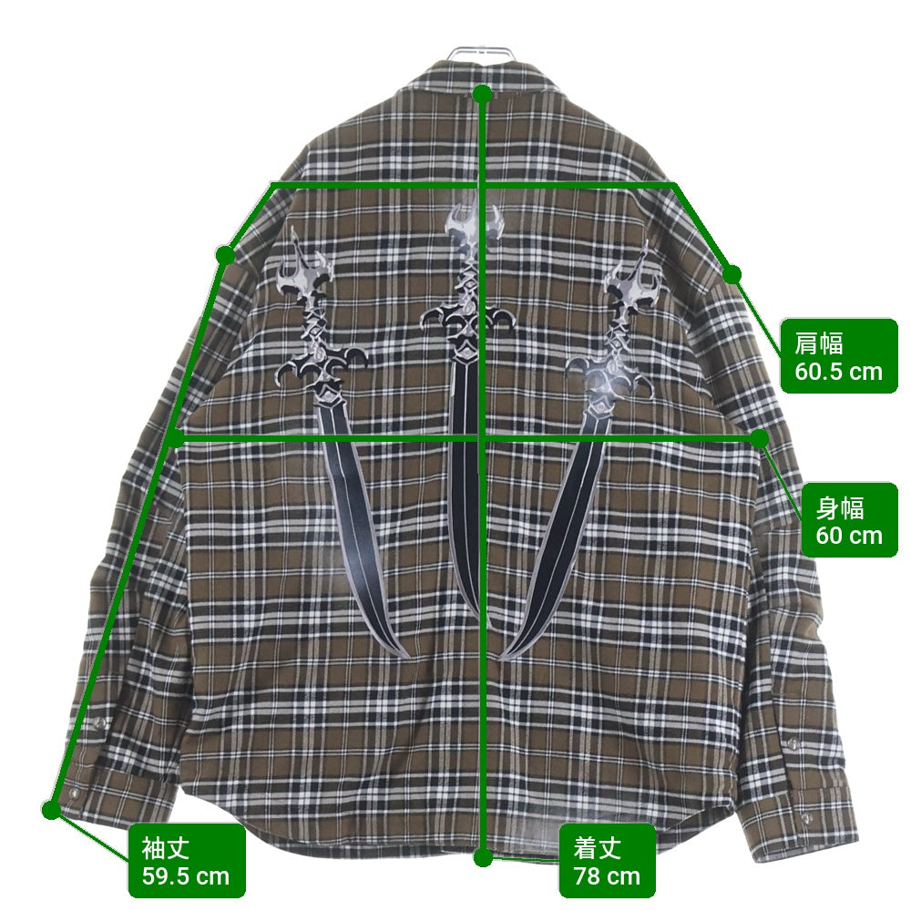 THUG CLUB(サグクラブ) 24AW ARAB SWORD FLANNEL CHECK SHIRT アラブ ソード刺繍 フランネル チェック 長袖シャツ ブラウン TC24SH2002
