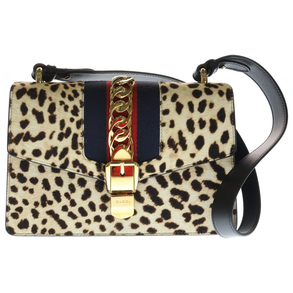 GUCCI(グッチ) シェリーライン シルヴィ ハラコレザー レオパード ショルダーバッグ ベージュ/ブラック 421882 レディース