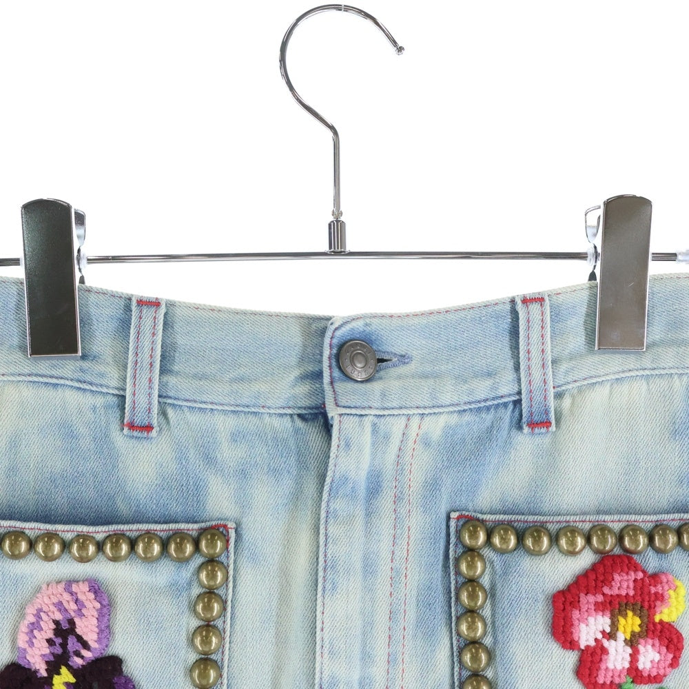 GUCCI(グッチ) Flower Embroidered Studded Denim Skirt フラワー刺繍 スタッズ デニムスカート インディゴ レディース