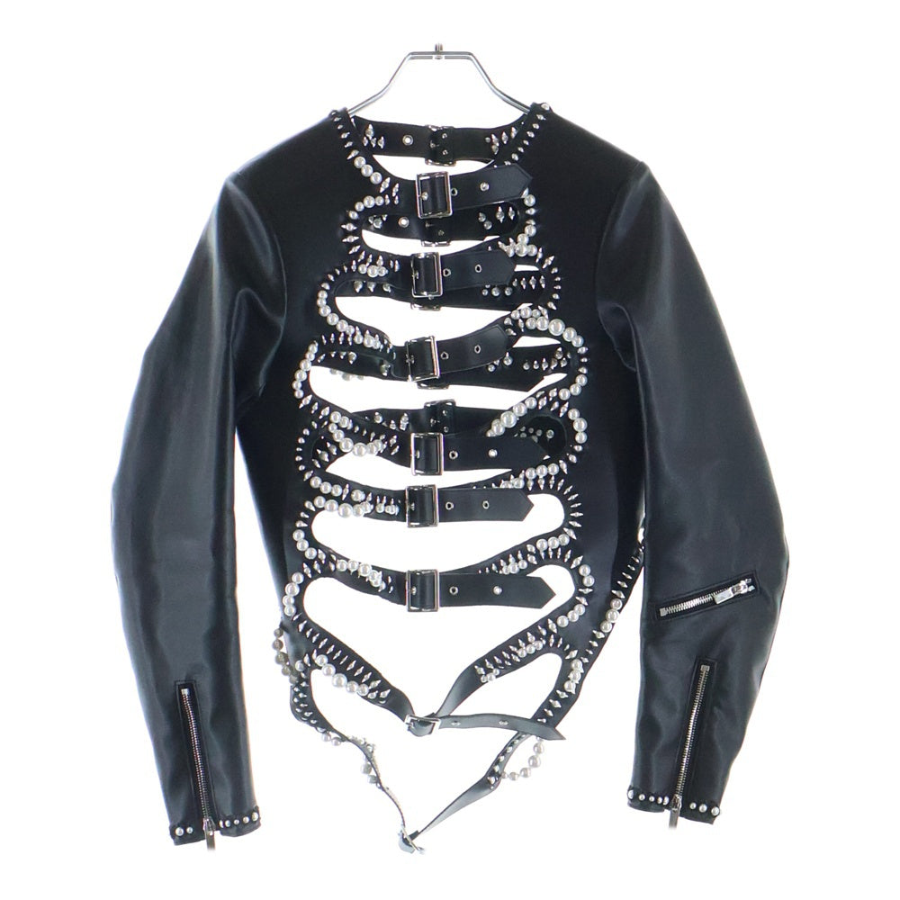 NOIR KEI NINOMIYA(ノワール ケイニノミヤ) 25SS Faux-Pearl Embellished Faux-Leather Jacket フェイクパールエンベリッシュフェイクレザージャケット ブラック 3O-J011 レディース