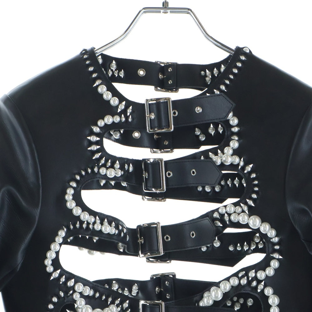 NOIR KEI NINOMIYA(ノワール ケイニノミヤ) 25SS Faux-Pearl Embellished Faux-Leather Jacket フェイクパールエンベリッシュフェイクレザージャケット ブラック 3O-J011 レディース
