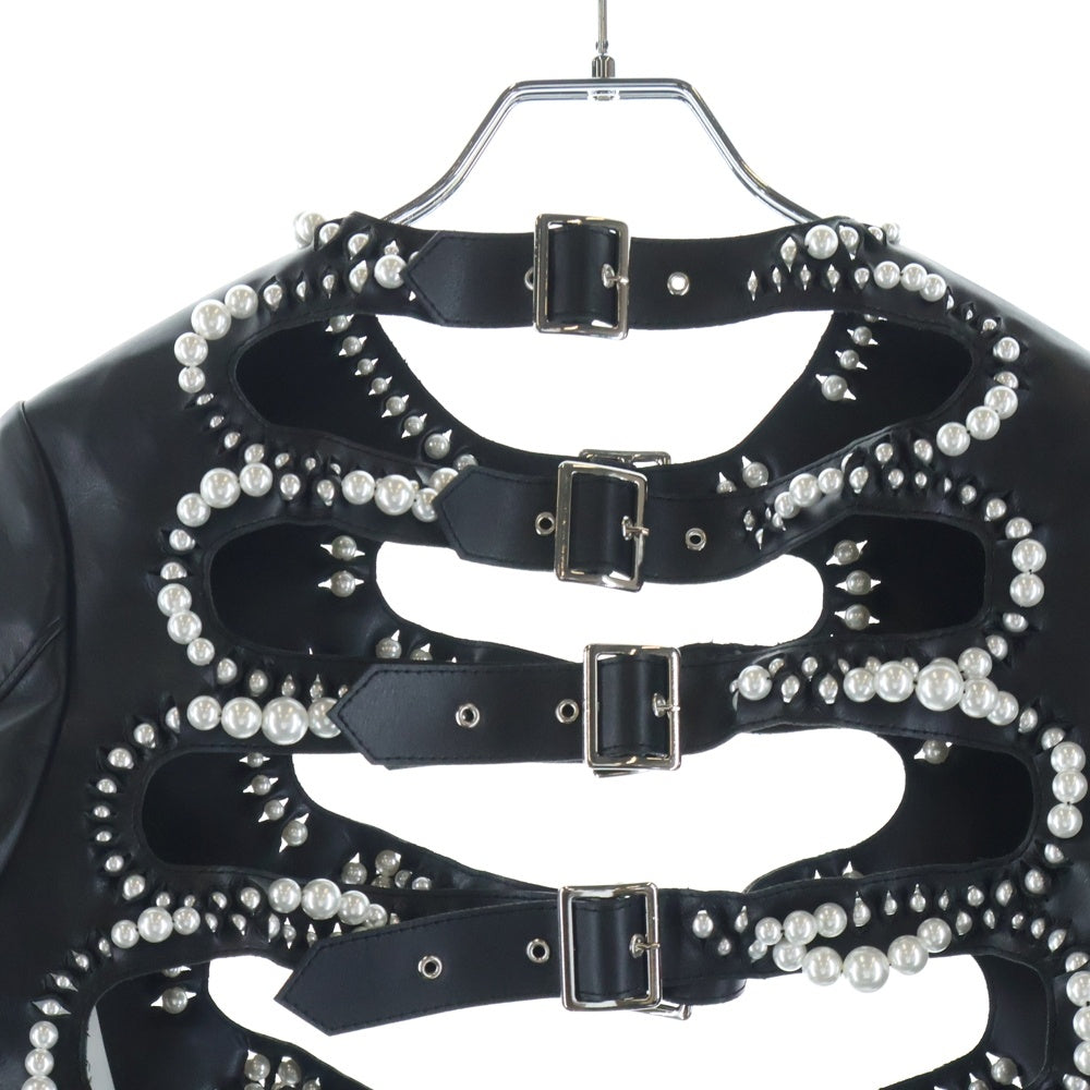NOIR KEI NINOMIYA(ノワール ケイニノミヤ) 25SS Faux-Pearl Embellished Faux-Leather Jacket フェイクパールエンベリッシュフェイクレザージャケット ブラック 3O-J011 レディース
