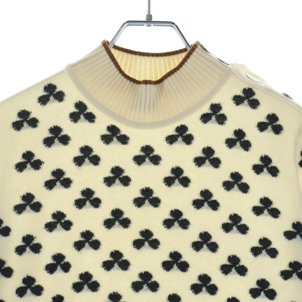 HERMES(エルメス) セリエボタン クローバー柄 ハイネック カシミヤ ニットセーター ホワイト レディース