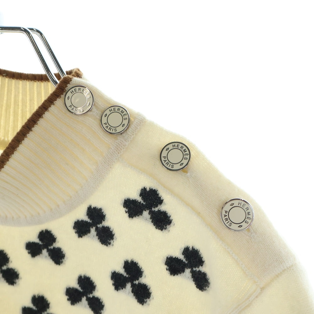 HERMES(エルメス) セリエボタン クローバー柄 ハイネック カシミヤ ニットセーター ホワイト レディース
