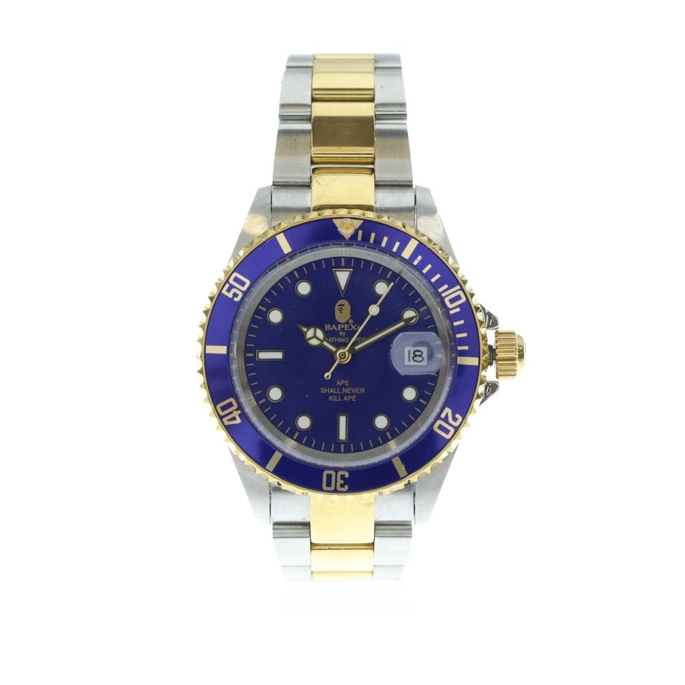 A BATHING APE(アベイシングエイプ) TYPE 1 BAPEX タイプ1 ベイペックス サルマリーナ 自動巻き 腕時計 青文字盤 シルバー/ゴールド T001
