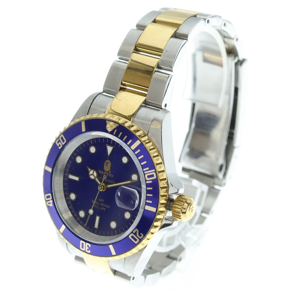 A BATHING APE(アベイシングエイプ) TYPE 1 BAPEX タイプ1 ベイペックス サルマリーナ 自動巻き 腕時計 青文字盤 シルバー/ゴールド T001