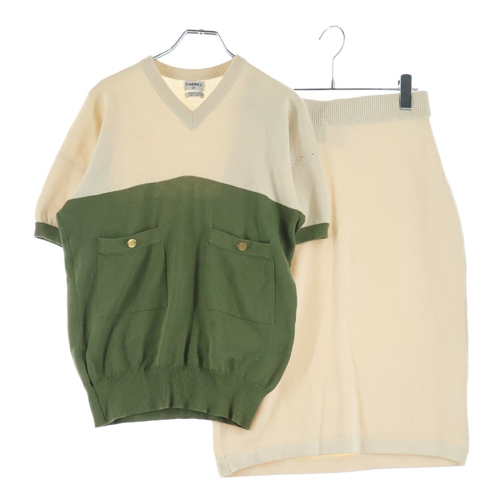 CHANEL(シャネル) ココマーク ツートーン バイカラー コットンニット クルーネック 半袖Tシャツ ミディアム スカート ベージュ/グリーン セットアップ レディース