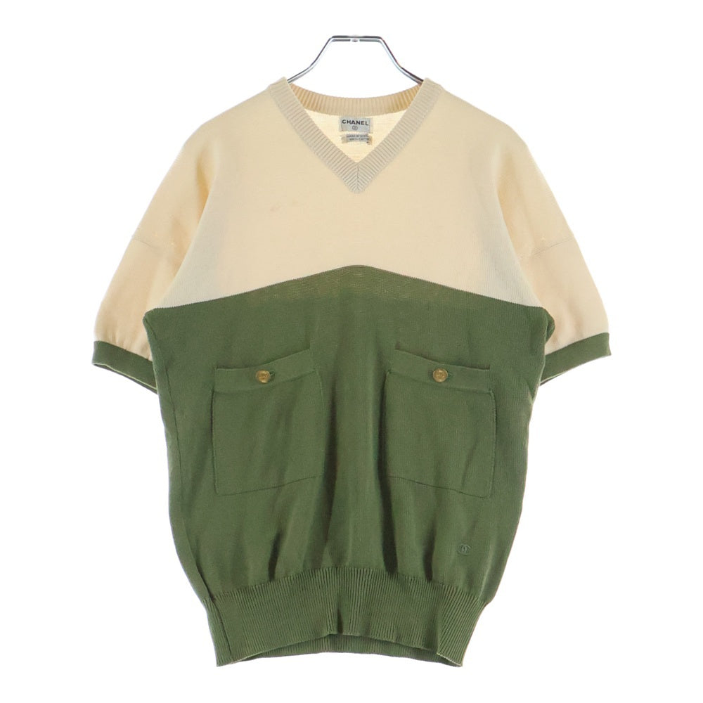 CHANEL(シャネル) ココマーク ツートーン バイカラー コットンニット クルーネック 半袖Tシャツ ミディアム スカート ベージュ/グリーン セットアップ レディース