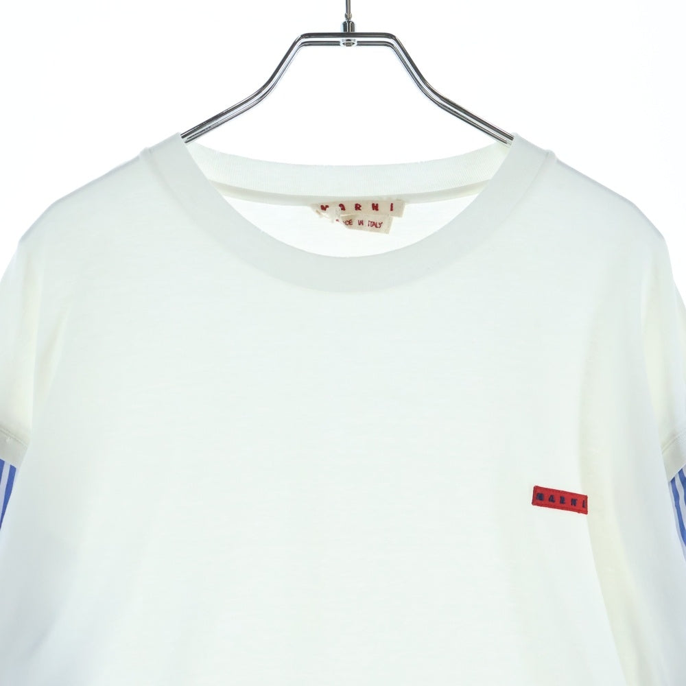 MARNI(マルニ) ダメージ加工 袖ストライプ 切り替え ロゴパッチ クルーネック長袖Tシャツ カットソー ホワイト HUMU0252QX