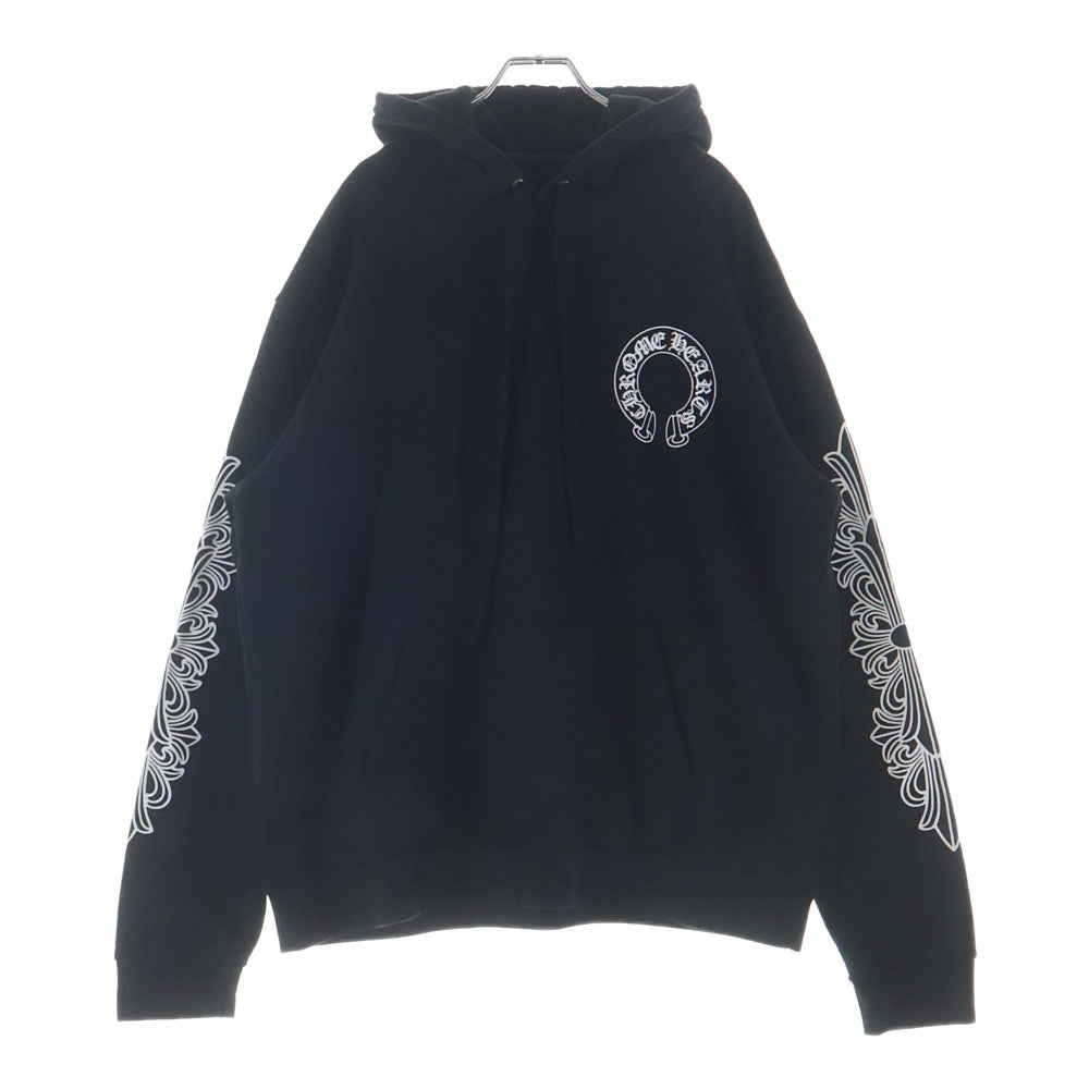 CHROME HEARTS(クロムハーツ) SWTSHRT PLVR 袖フローラルバックホースシュープリント プルオーバースウェットパーカー フーディ ブラック
