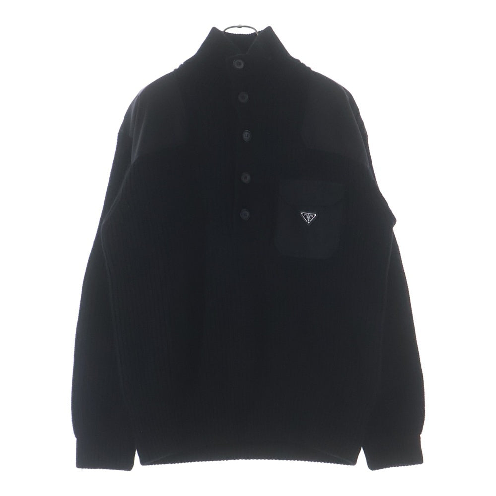 PRADA(プラダ) 24AW Re-Nylon トライアングルロゴ ショルダー切り替え カシミア混 ウールニットセーター ブラック UMR592 S000 145N