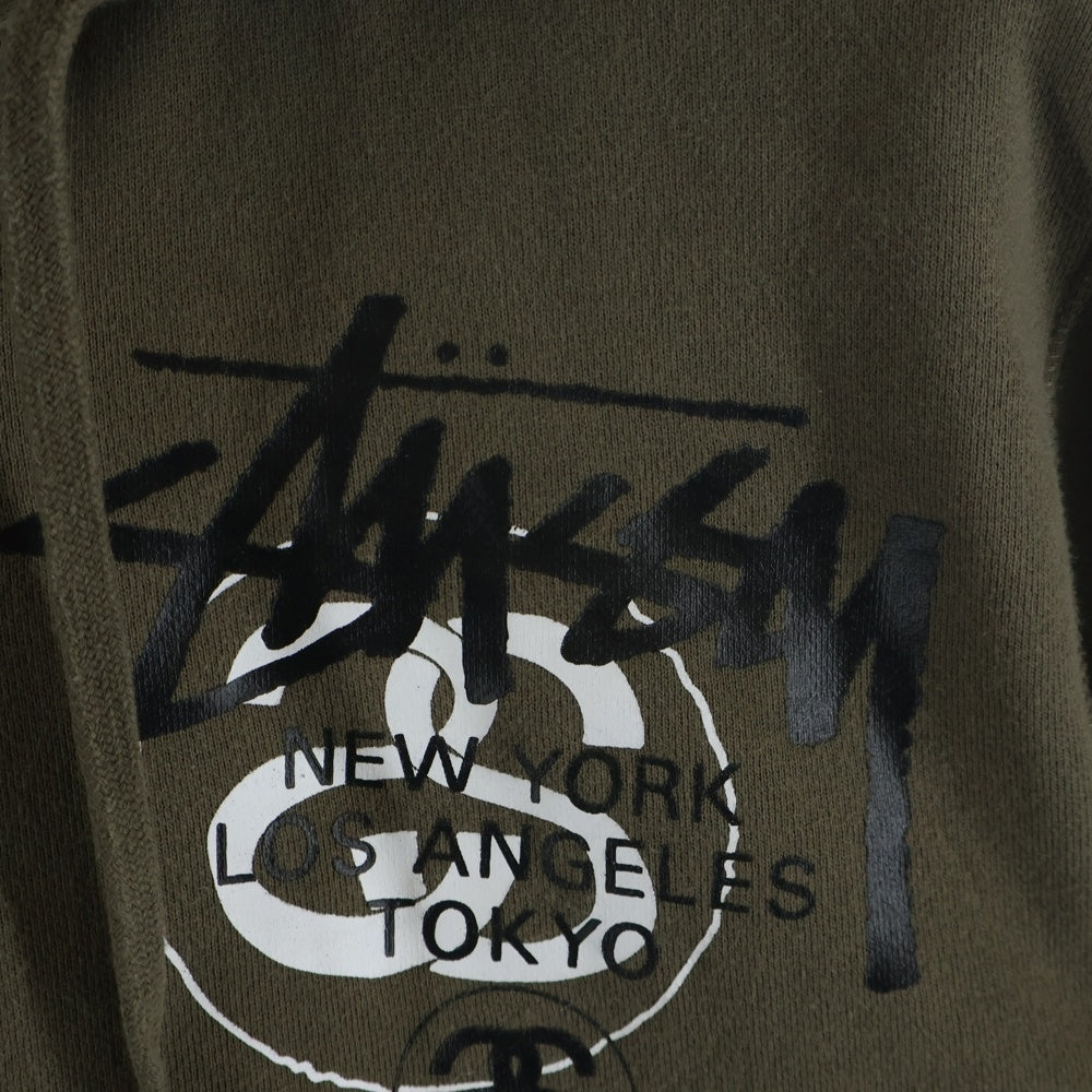 STUSSY(ステューシー) World Tour ストックロゴ 両面プリント 切替 ジップアップパーカー フーディー カーキ