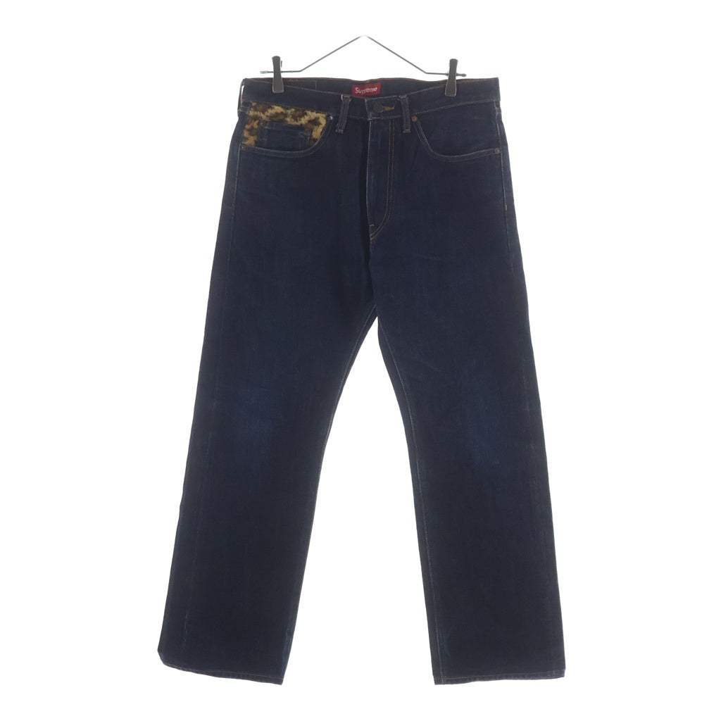 SUPREME(シュプリーム) 12AW ×Levis 505 Jeans Leopard リーバイス 505 ジッパーフライ レオパード切替 スリムストレート デニムパンツ インディゴ