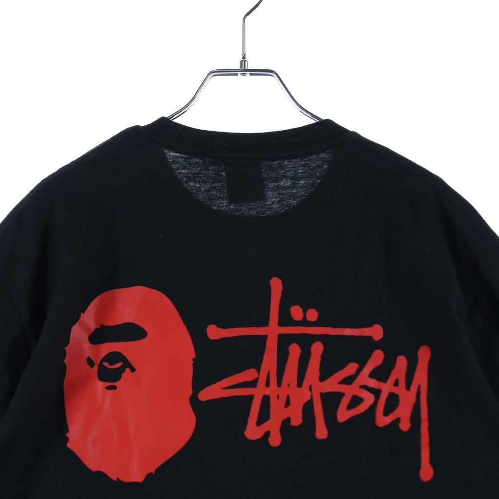 STUSSY(ステューシー) ×A BATHING APE フロント刺繍 バックロゴプリント 半袖Tシャツ カットソー ブラック