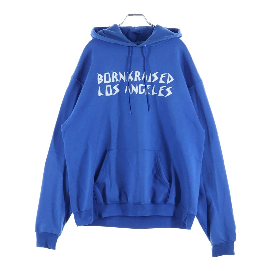 BORN X RAISED(ボーンアンドレイズド) Logo Print Hoodie CHAMPIONボディ フロント ロゴプリント プルオーバー パーカー ブルー