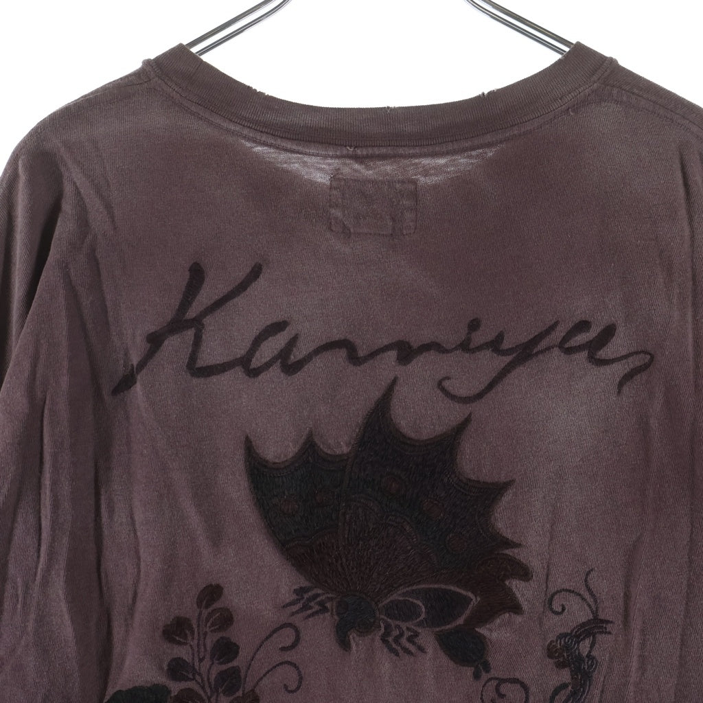 KAMIYA(カミヤ) 25SS AGEHA Embroidery Distressed Tee アゲハ蝶 エンブロイダリー クルーネック 半袖Tシャツ カットソー ボルドー G14TS089