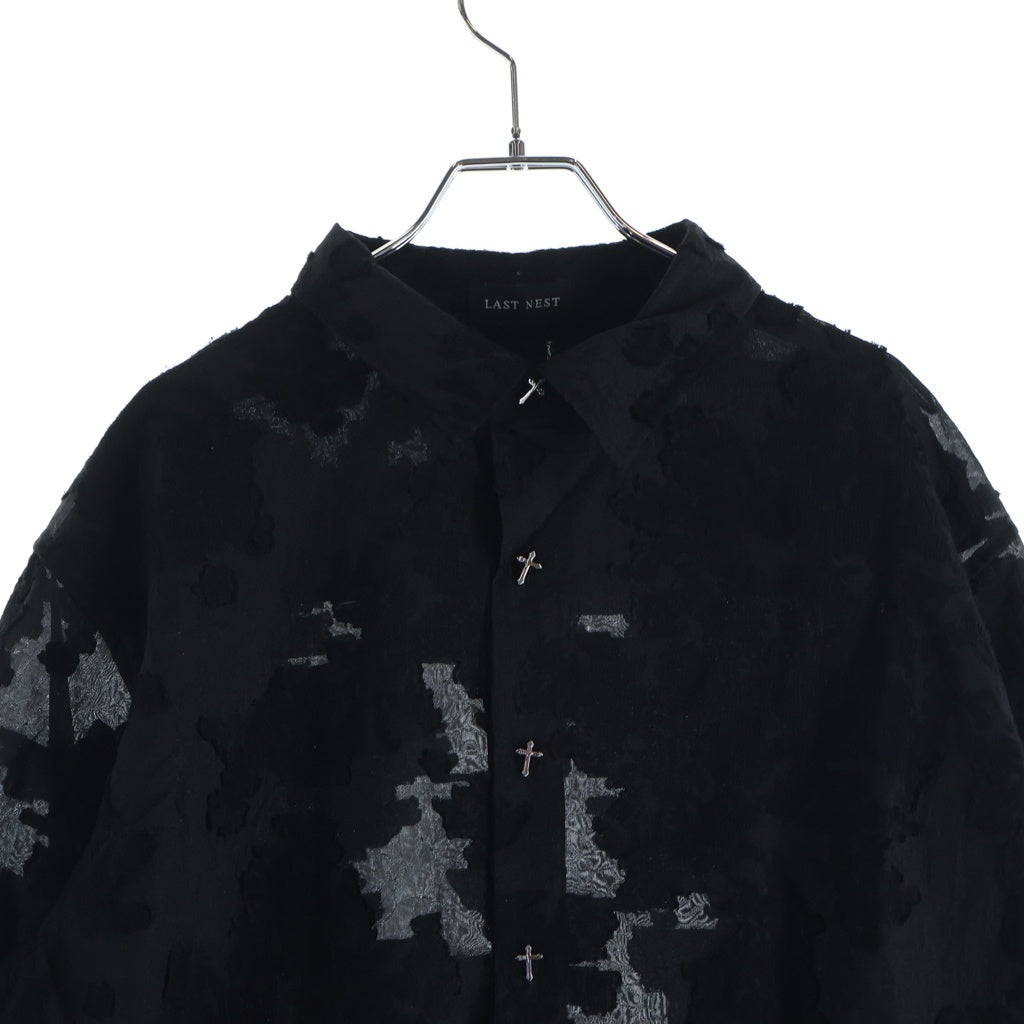 LAST NEST(ラスト ネスト) Black Flowers L/S Shirt フラワー総柄刺繍 クロスボダン 長袖シャツ ブラック