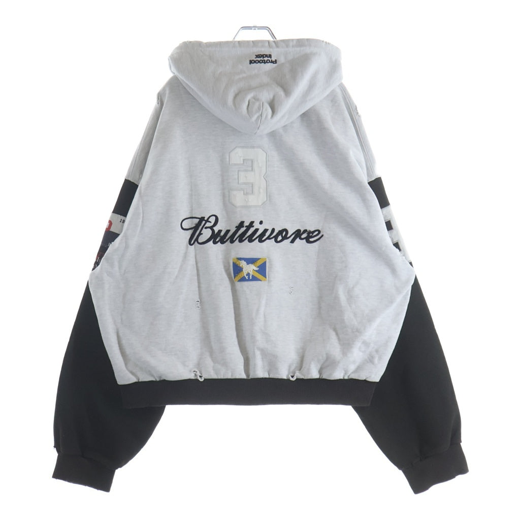 NO BRAND(ノーブランド) Protocol Index Buttivore Sweatshirts Zip Hoodie protoword プロトコルインデックス 袖切替 スウェットシャツ ジップ フーディ グレー