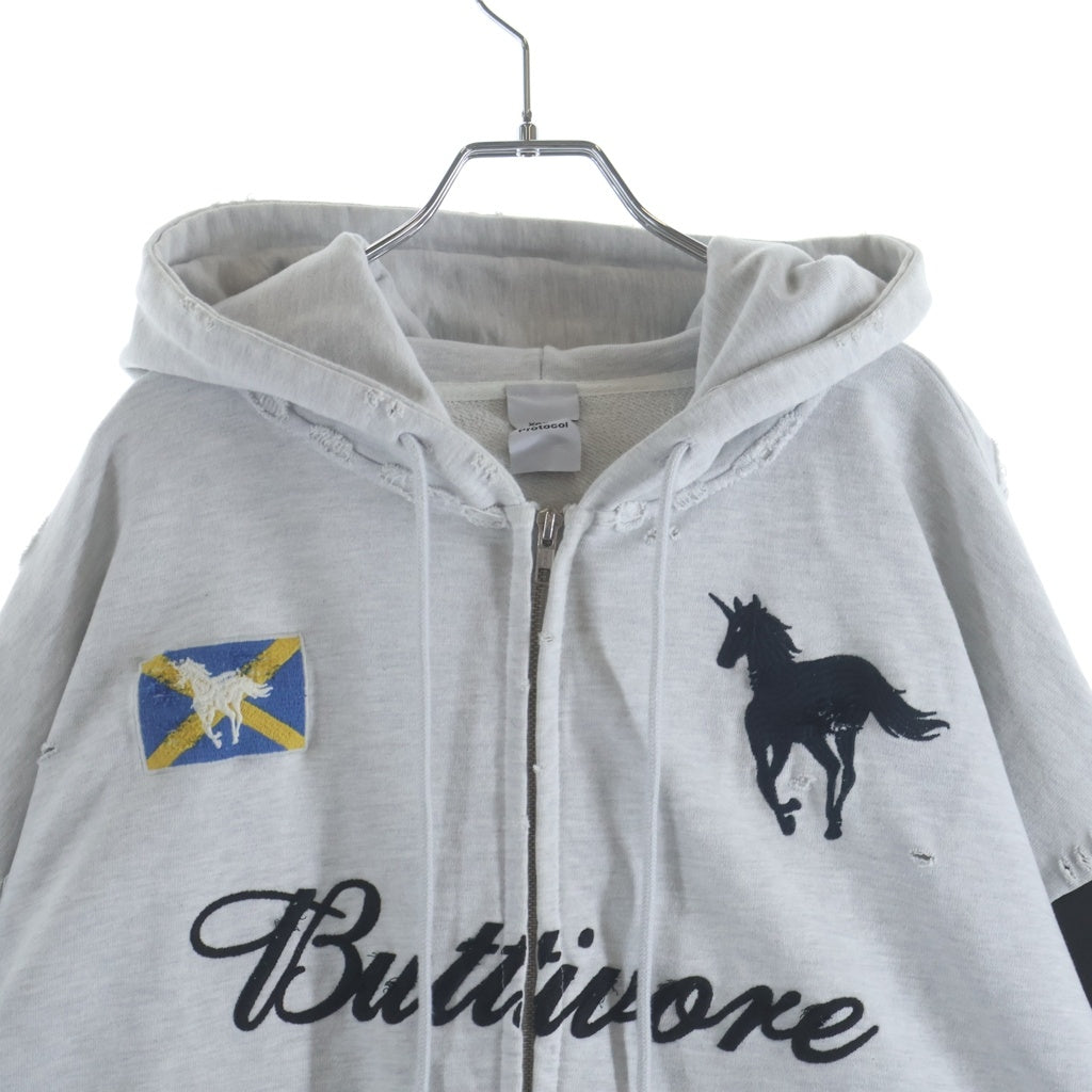 NO BRAND(ノーブランド) Protocol Index Buttivore Sweatshirts Zip Hoodie protoword プロトコルインデックス 袖切替 スウェットシャツ ジップ フーディ グレー