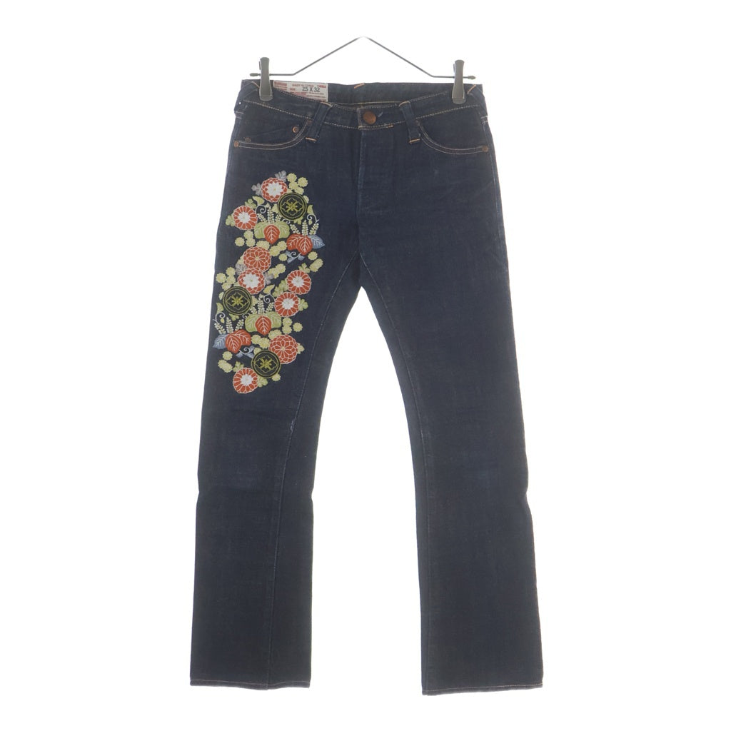 Yamane(ヤマネ) Flower Embroidery Flare Denim フラワー刺繍 赤耳 ボタンフライ フレアデニム パンツ インディゴ レディース