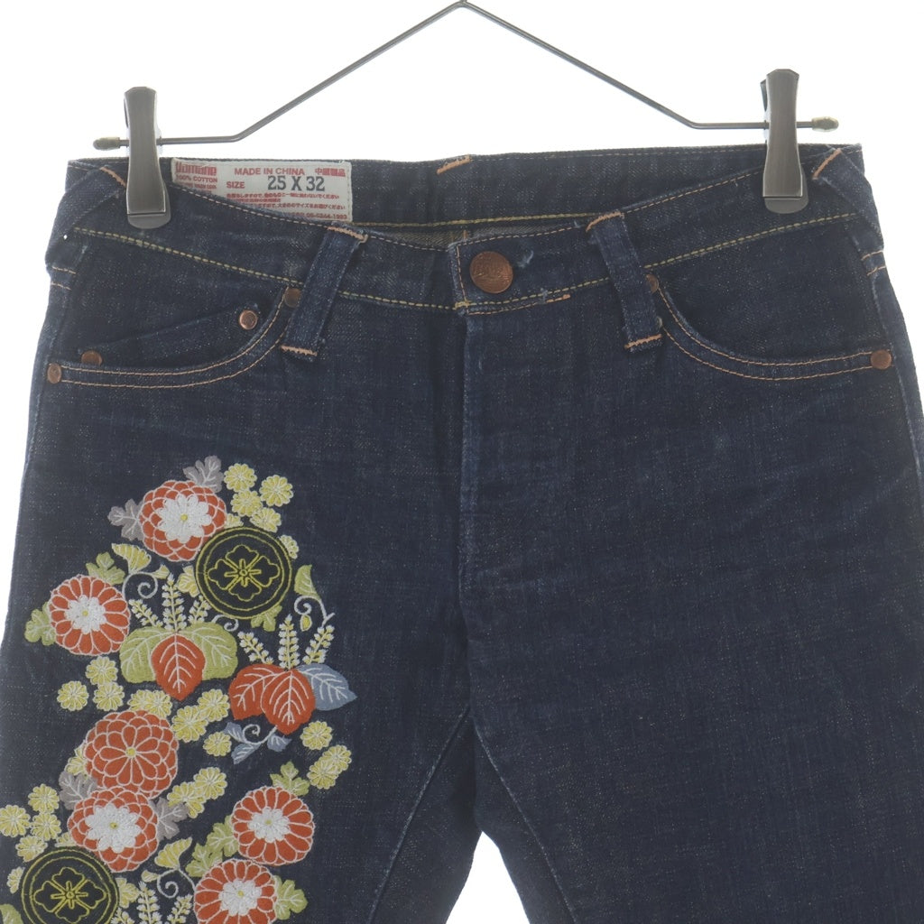 Yamane(ヤマネ) Flower Embroidery Flare Denim フラワー刺繍 赤耳 ボタンフライ フレアデニム パンツ インディゴ レディース