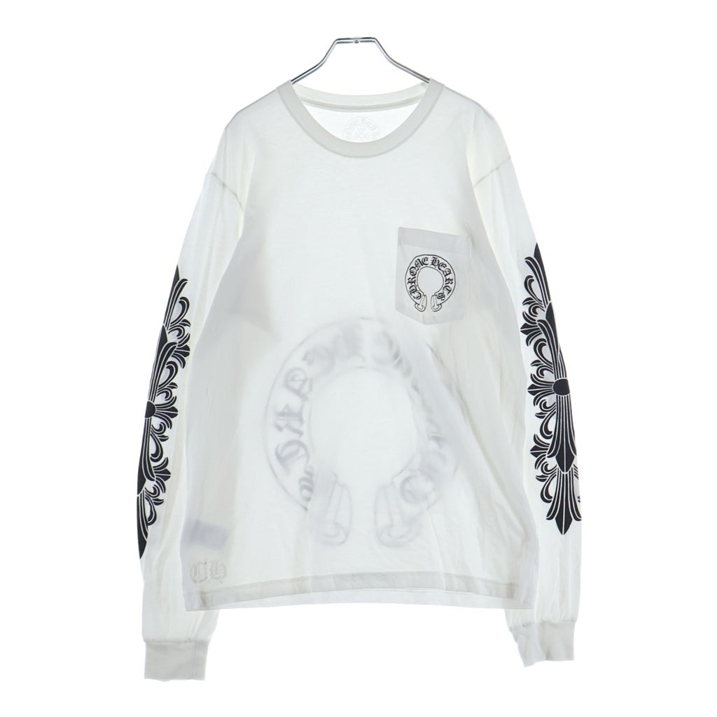 CHROME HEARTS(クロムハーツ) FLRL CRS HORSESHOE L/S バックホースシュー 袖フローラル ロングスリーブ 長袖Tシャツ カットソー ホワイト