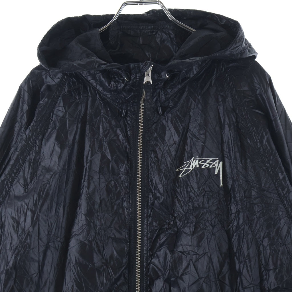 STUSSY(ステューシー) 24SS Beach Shell Wrinkled Nylon Jacket ビーチシェル シワ加工 フロントロゴプリント ナイロン ジップアップ フーデッド ジャケット ブラック