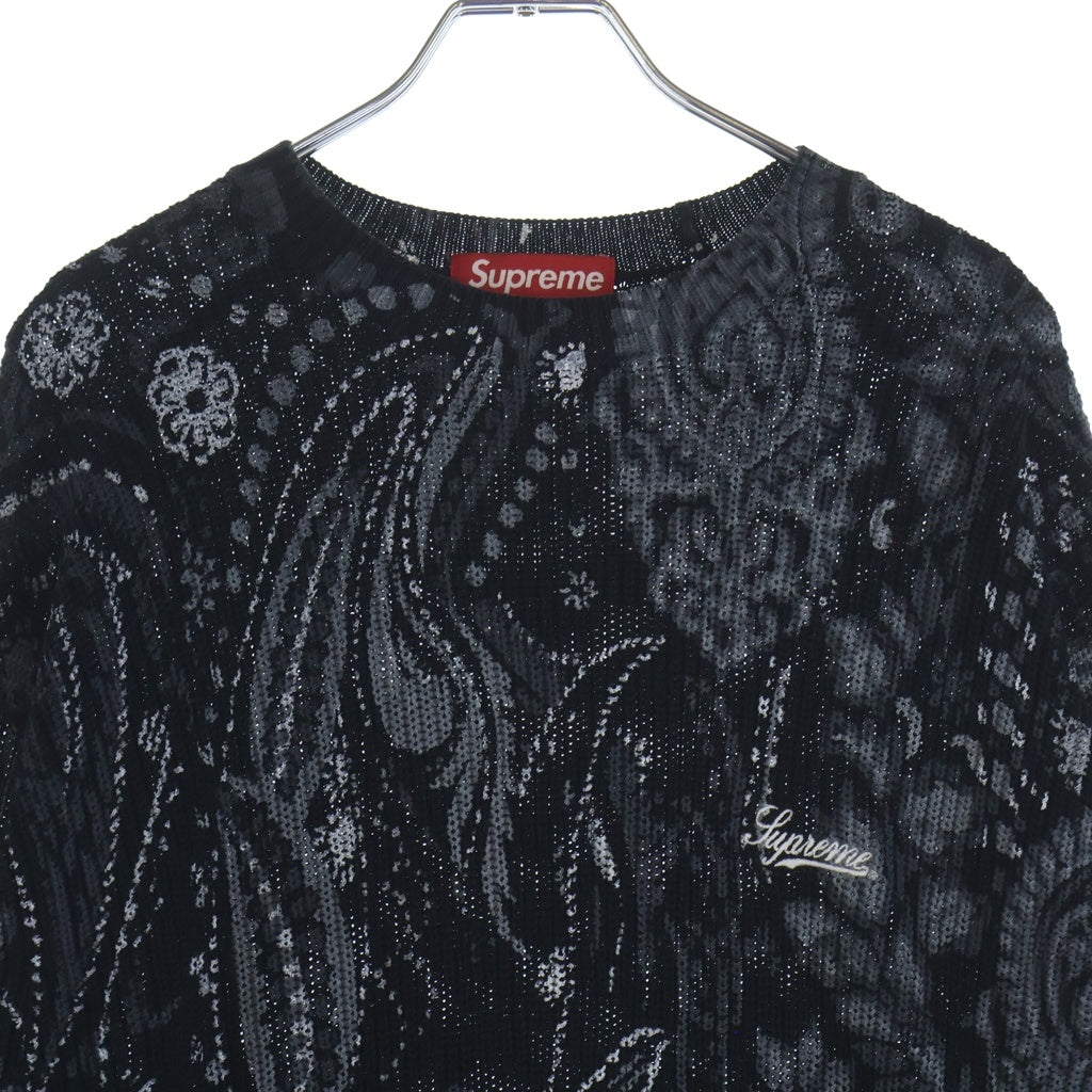 SUPREME(シュプリーム) 24SS Printed Paisley Sweater ペイズリープリント 総柄 フロントロゴ刺繍 コットンニット クルーネック セーター ブラック