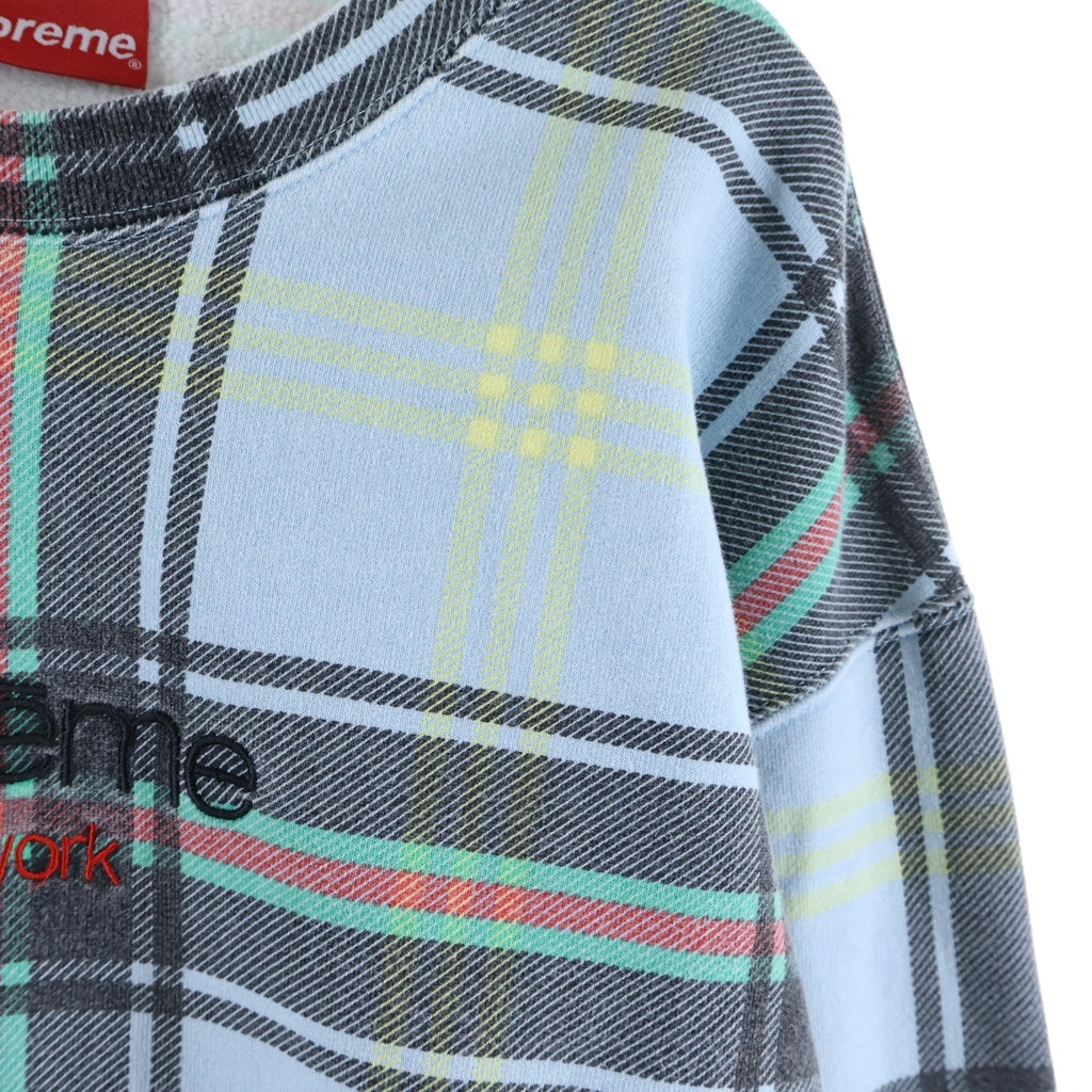 SUPREME(シュプリーム) 21SS Plaid Crewneck チェック総柄 フロントロゴ刺繍 クルーネック プルオーバースウェット トレーナー ライトブルー