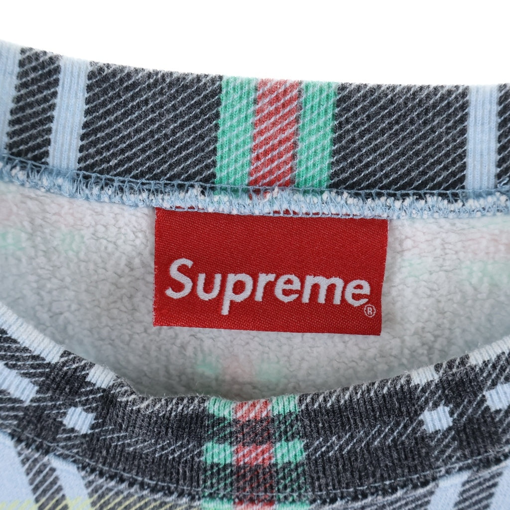 SUPREME(シュプリーム) 21SS Plaid Crewneck チェック総柄 フロントロゴ刺繍 クルーネック プルオーバースウェット トレーナー ライトブルー